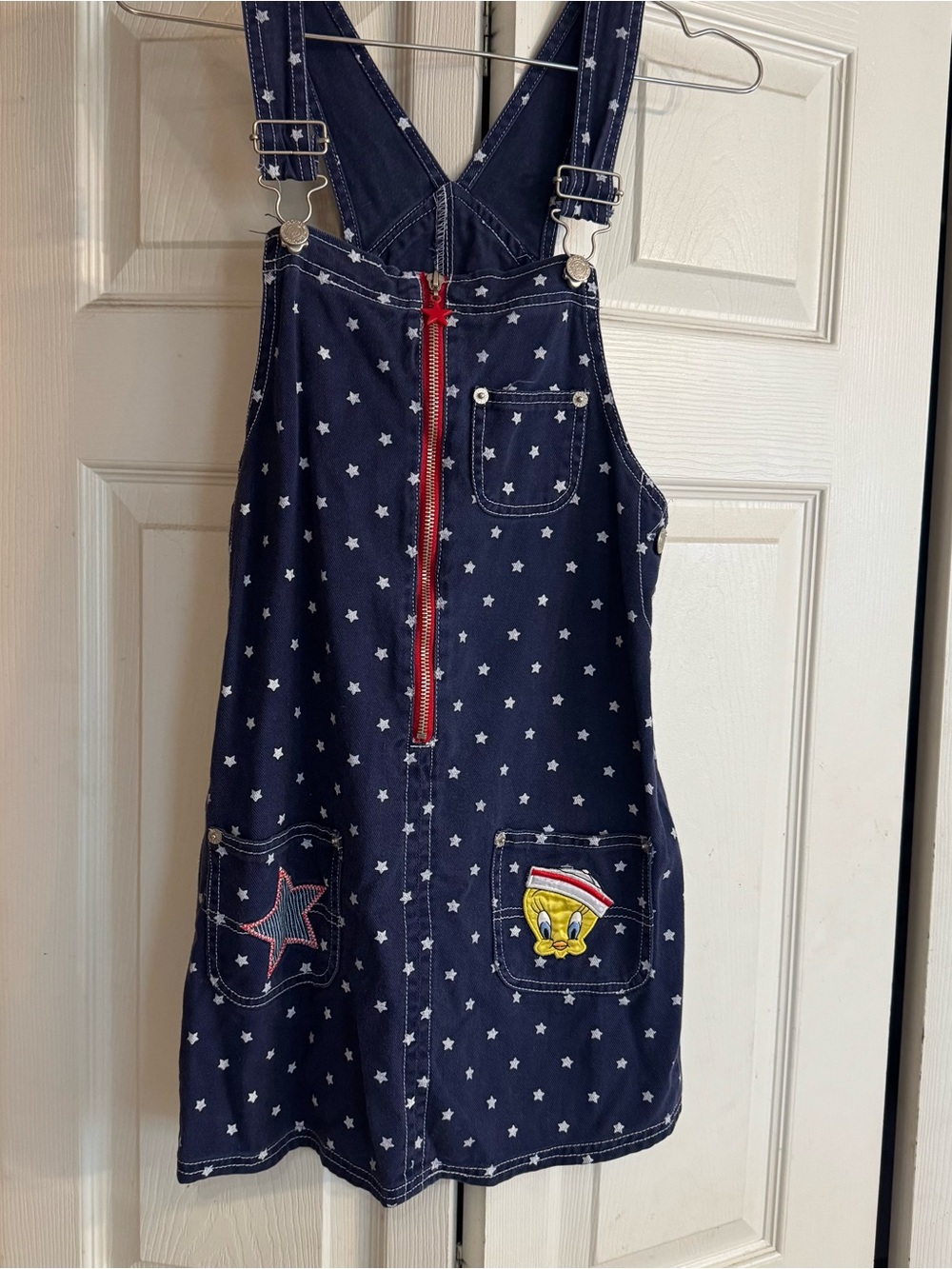 Vintage 97 Tweety Navy Star Print Kids Overall Dress with Red Zip